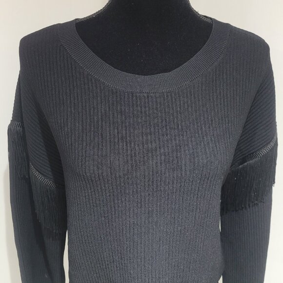 Lea & Viola Ribbed Cropped Long Sleeve Sweater with Fringe Size Large Black - Picture 5 of 11